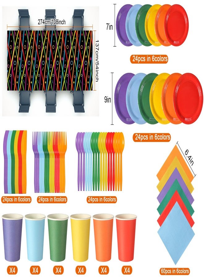 اودين مجموعة زينة حفلات أعياد الميلاد من أودين، ٢٠٦ قطعة، بإضاءة نيون، تكفي ٢٤ شخصًا، لوازم حفلات تتوهج في الظلام، مفرشان للطاولة، أطباق مقاس ٧ و٩ بوصات، طقم أدوات مائدة بألوان قوس قزح، هدايا مثالية لحفلات أعياد الميلاد والمهرجانات. - Image 2